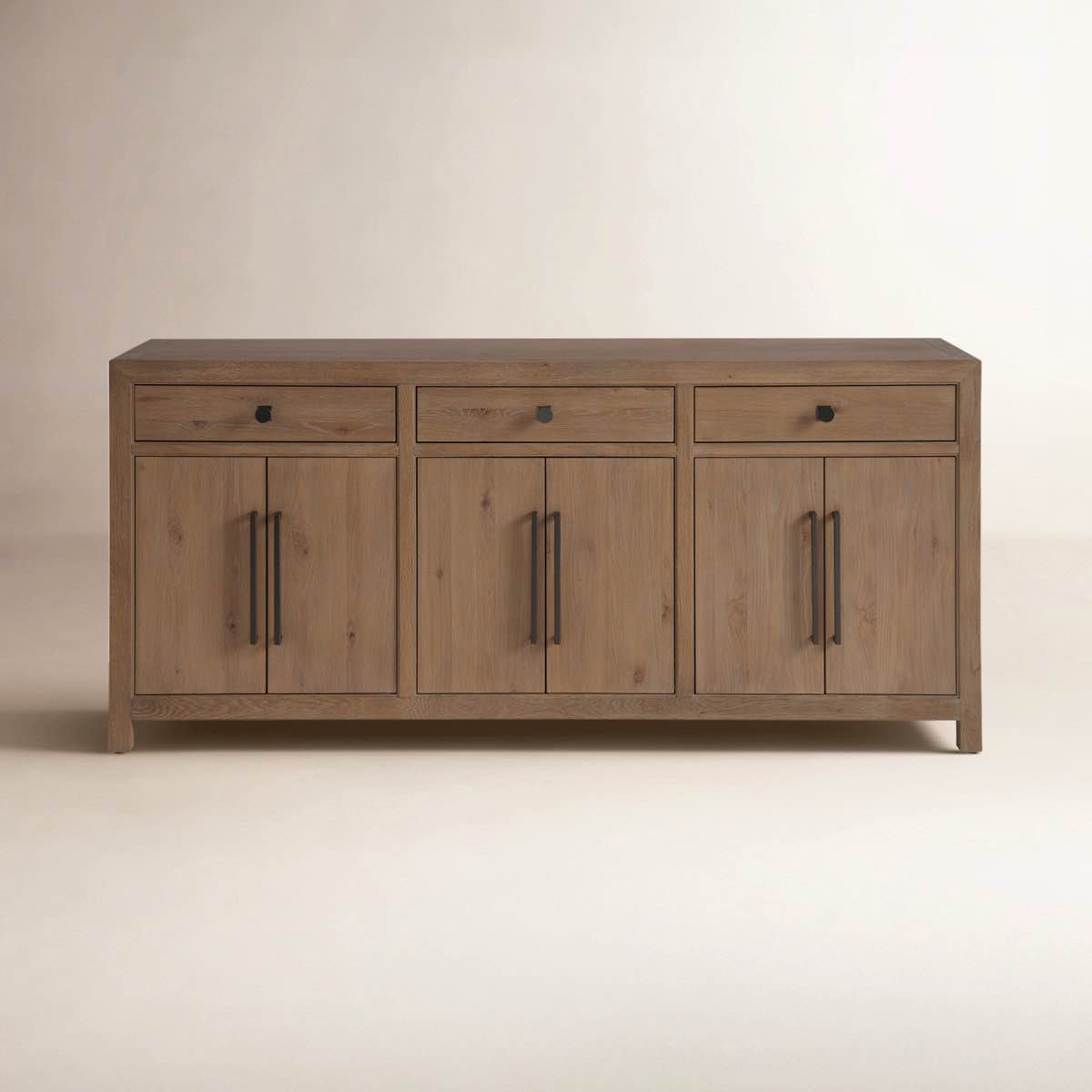 Condition photo showing As Is for Hayes Credenza 36'' H X 80'' W X 20'' D, As Is—one door broken, interior fractured where hinges were pulled (pictured), unit has small scratches on facade