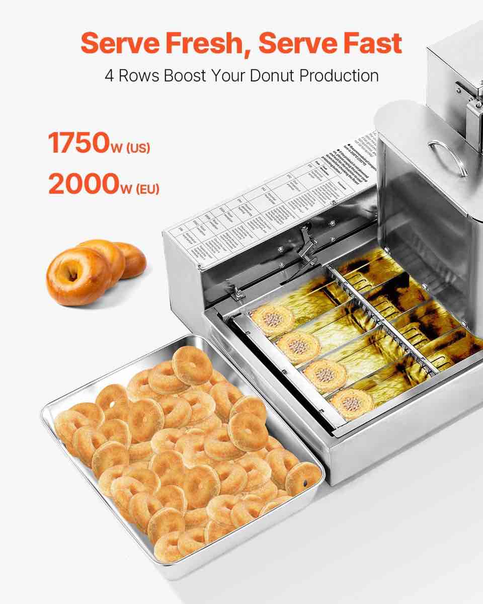 Condition photo showing Good Condition for VEVOR Commercial Automatic Donuts Machine, 4 Rows Donuts Making Equipment, 240 pcs/hour Electric High Power Doughnut Maker, Stainless Steel Frying Auto Fryer, with Intelligent Control, Gently Used and needs cleaning, Hopper has small dent on front, bonus tongs included
