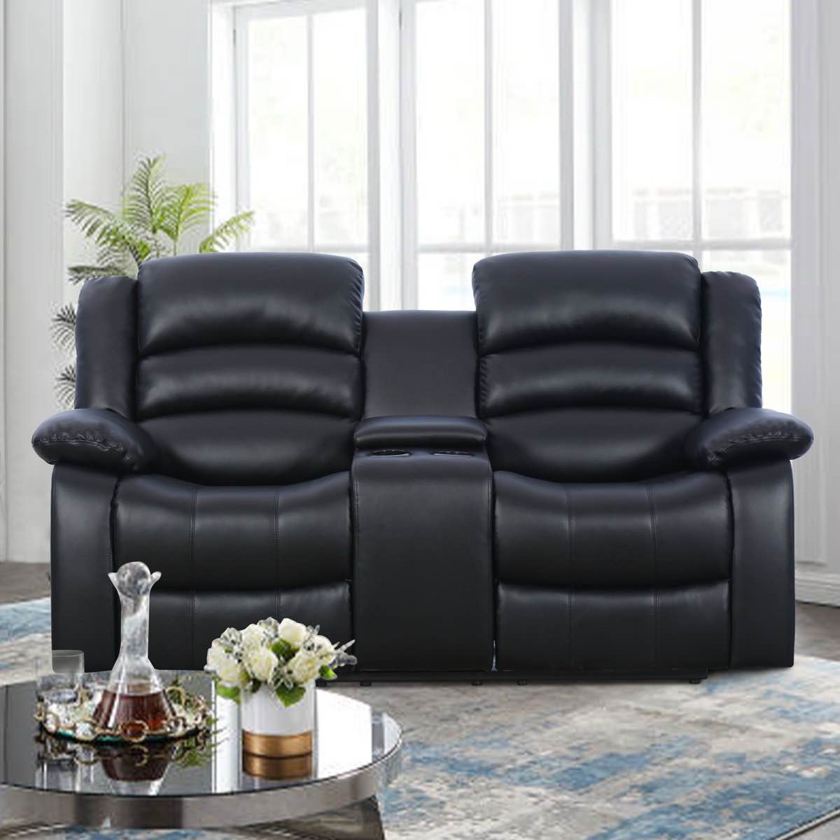 Condition photo showing New/Like New for Emryn 71.7'' Wide Modern and Overstuffed Breathable Vegan Leather Manual Reclining Loveseat Sofa with Cup Holder and Storage 39.8'' H X 71.7'' W X 35.4'' D