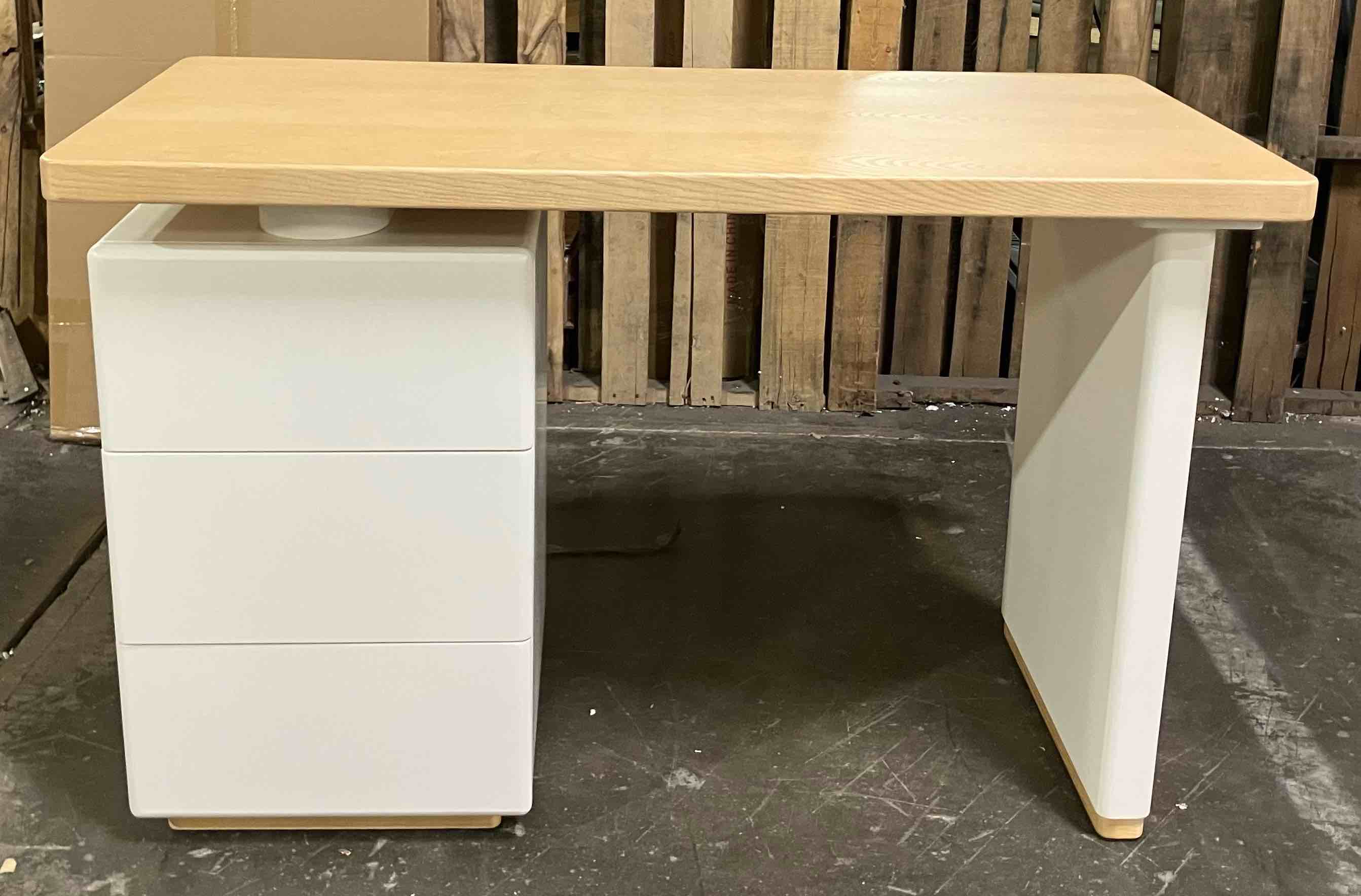 Condition photo showing Good Condition for 47” Cream-colored modern minimalist desk By Latitude Run® - (Desk is in PERFECT condition, but listing is Good condition because it needs to have holes drilled in the bottom of table to attach top to drawers. Can be done with screws)
