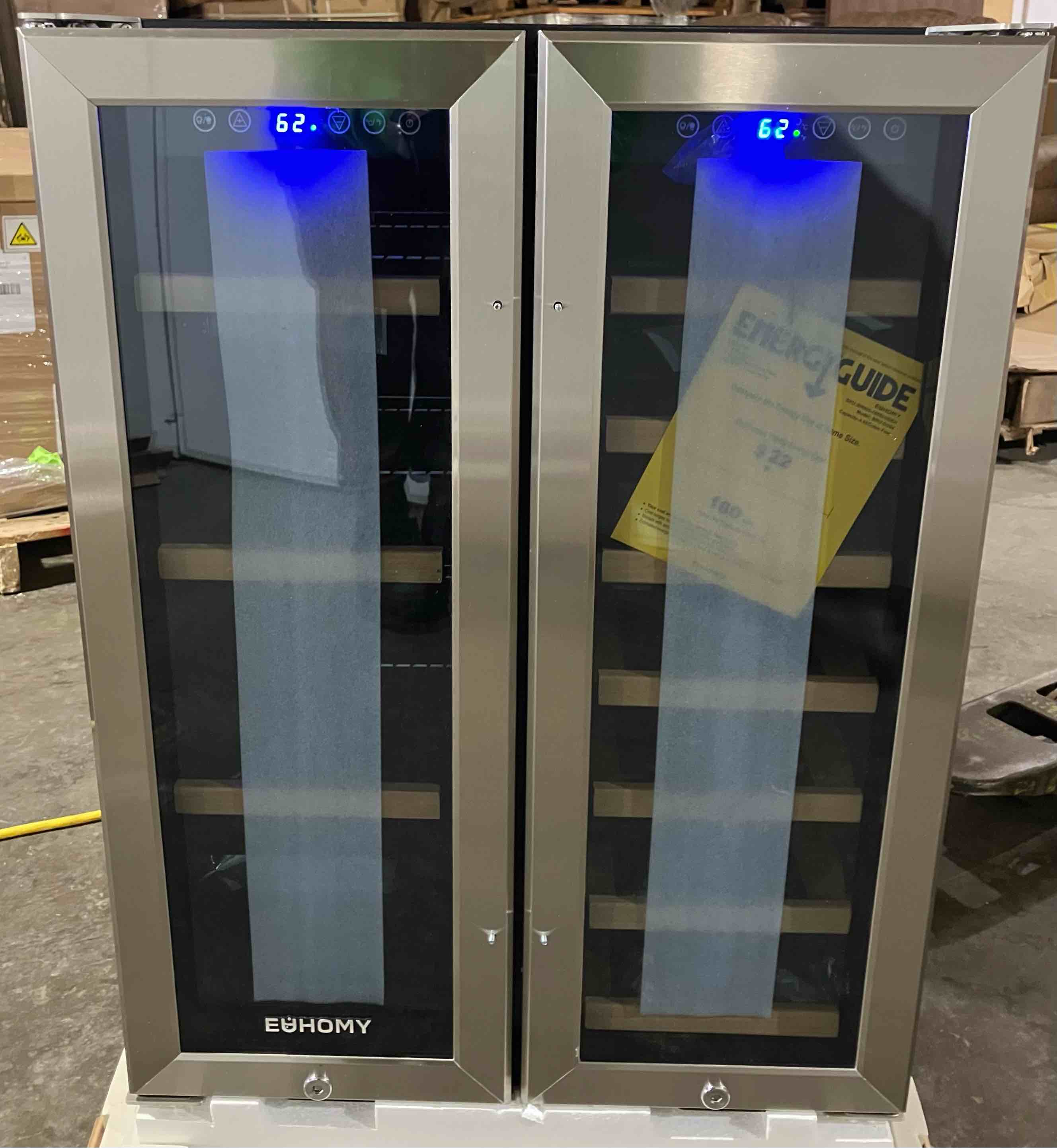 Condition photo showing New/Like New for EUHOMY Wine and Beverage Refrigerator, 24 Inch Dual Zone Wine Cooler with Glass Door Hold 21 Bottles and 88 Cans, Built in or Under Counter Wine Fridge with Blue LED Light