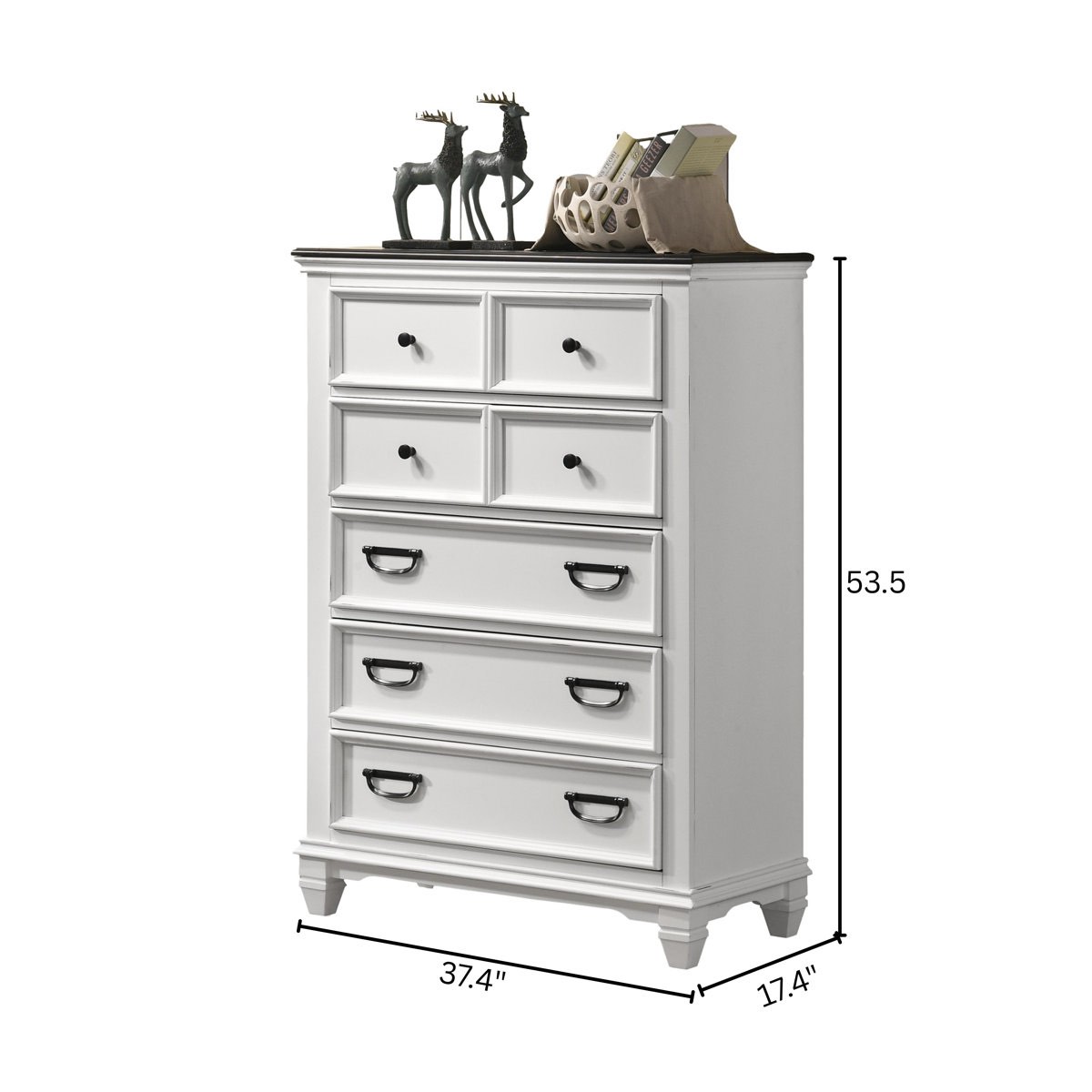 Condition photo showing Good Condition for Semaj 37.4'' Weathered White 5 - Drawer Dresser, 53.5'' H X 37.4'' W X 17.4'' D, Dresser has crack on left side (pictured)
