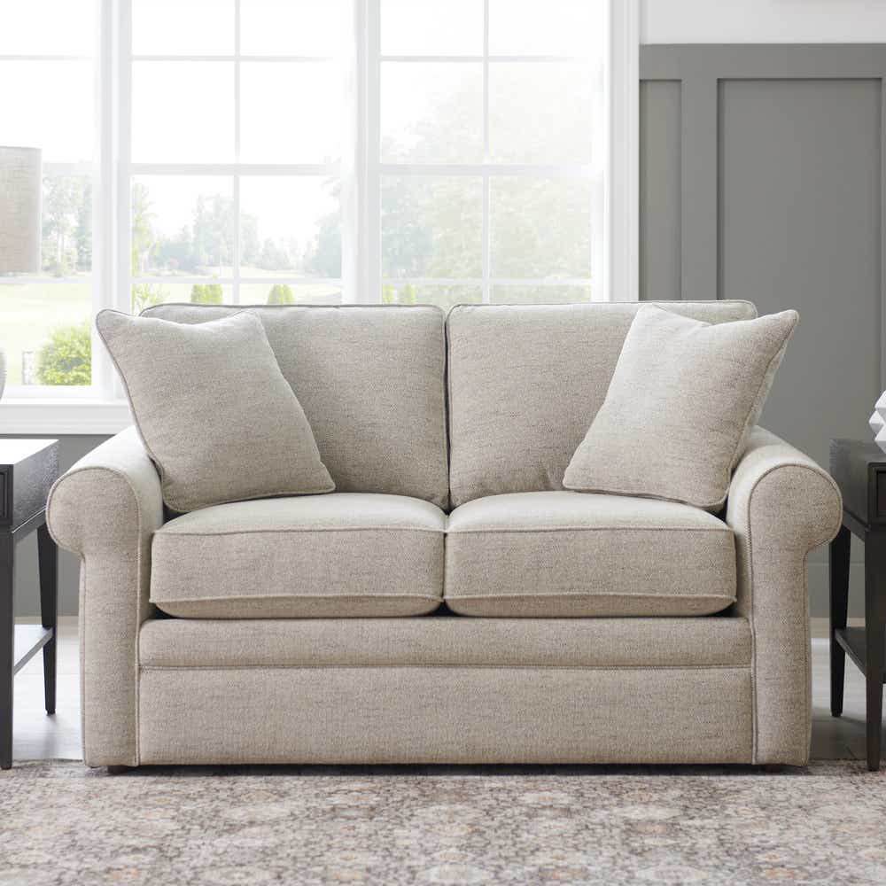 Condition photo showing Good Condition for La Z Boy Collins Sofa and Loveseat Set, Oyster Color, needs steam cleaned (sofa: 89W x 39D x 37.5H) (Loveseat: 65.0"w x 39.0"d x 37.5"h)