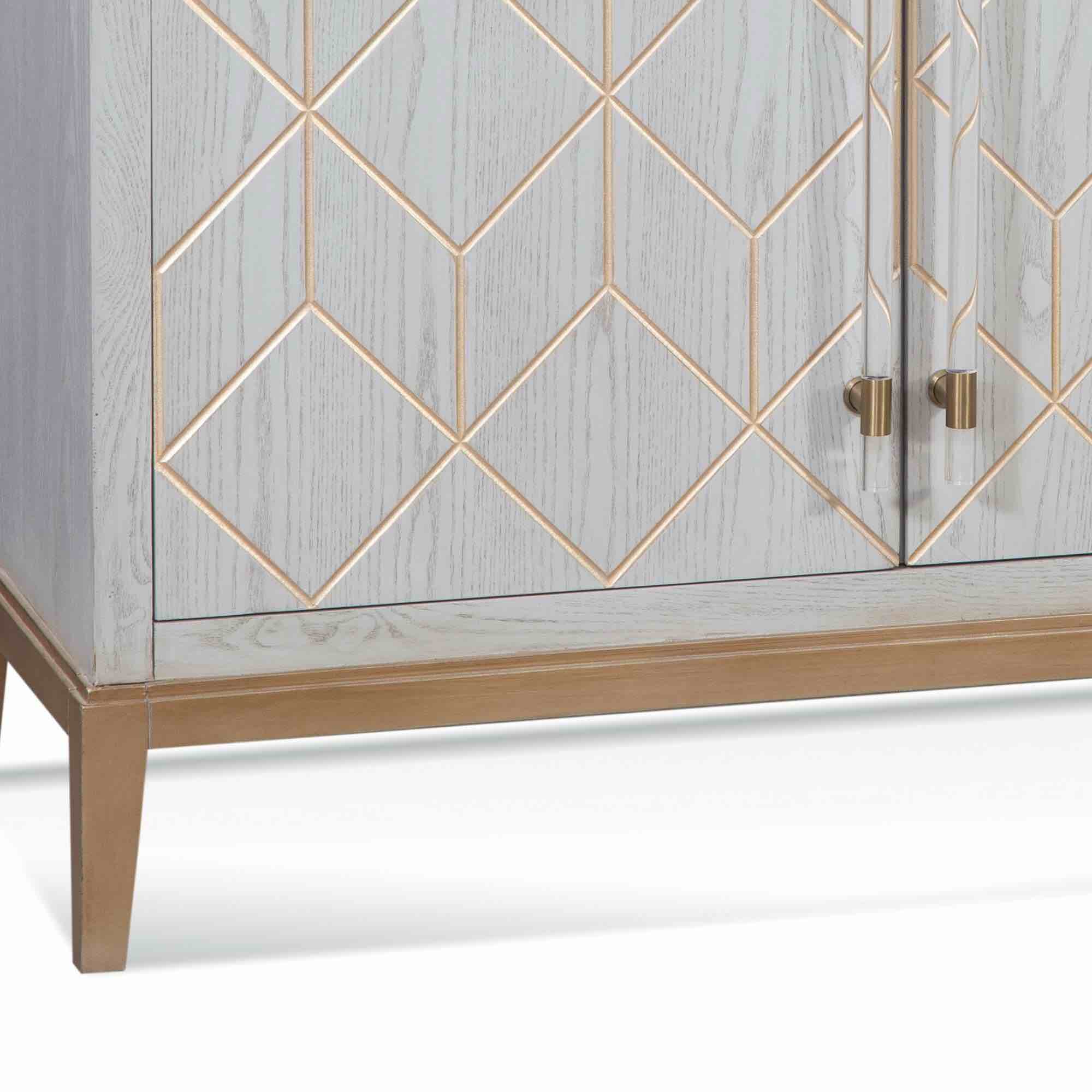 Condition photo showing New/Like New for Perrine 40 Inch Storage Cabinet in Grey with Brass and Acrylic Hardware, Height: 34.0 Width: 40.0 Depth: 18.0 Inches