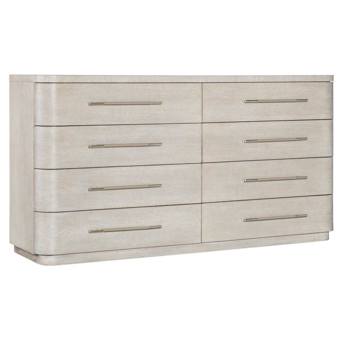 Condition photo showing Good Condition for Modern Mood Dresser with Velvet Lined Top Drawers, dresser has minor scuffing across wire brushed finish, top left drawer handle has a small knick, top right drawer needs aligned. (all imperfections pictured)