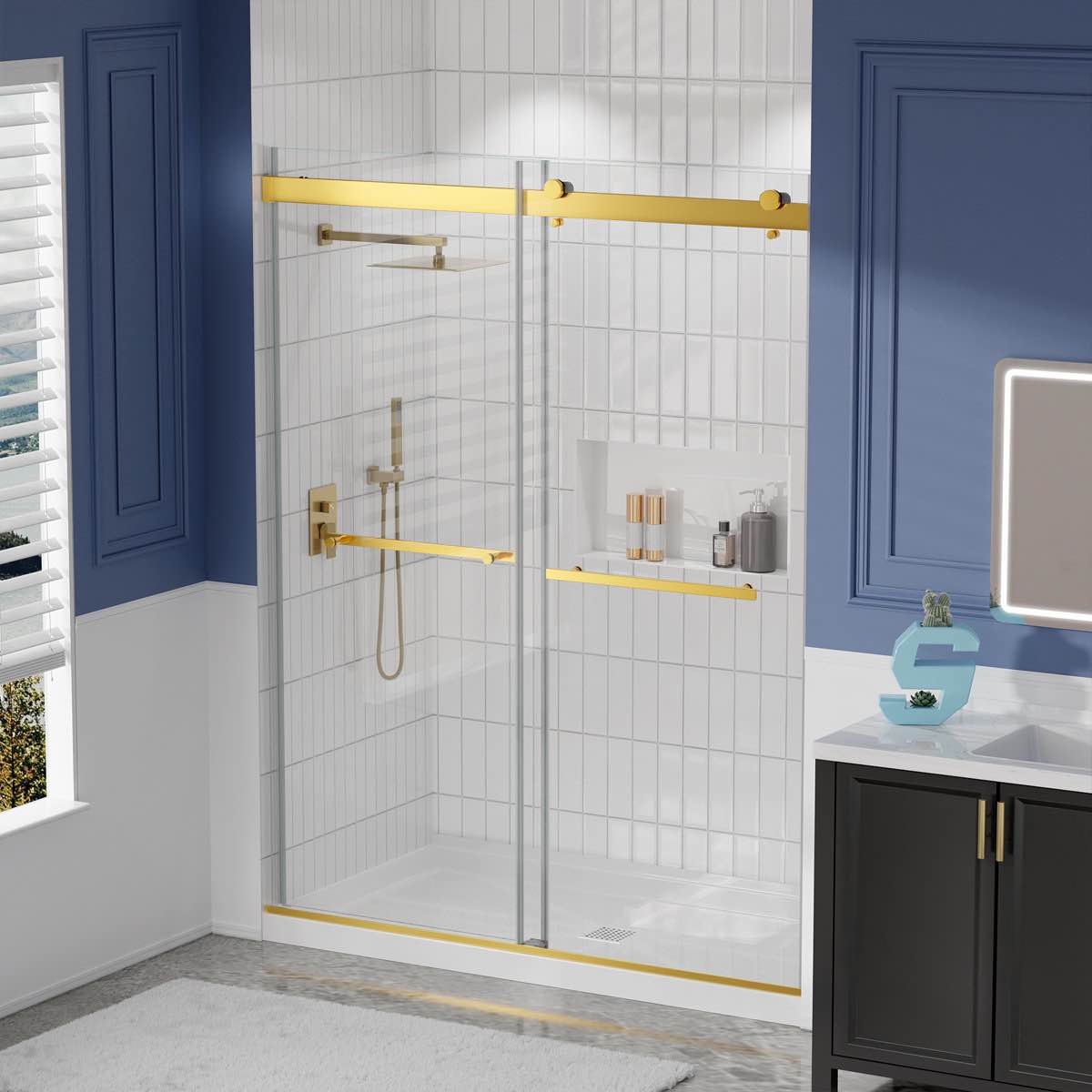 55-59?W x 75?H Frameless Double Sliding Shower Door, 5/16?Tempered Glass, Brushed Gold Hardware 