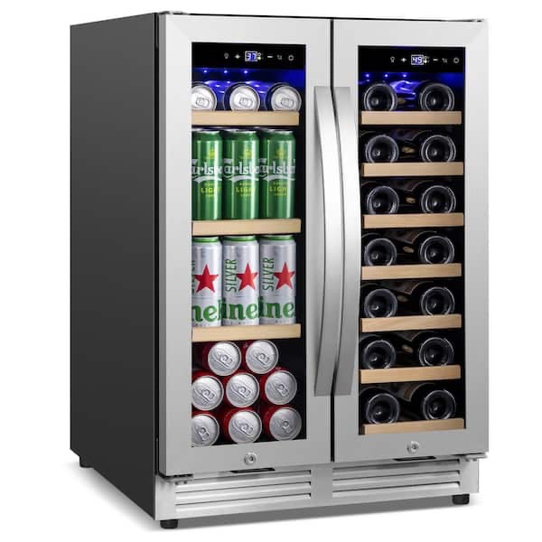 Nipus 24 in. Dual Zone French Door 20 Bottle and 85 Can Beverage & Wine Cooler in Silver with 10 Removable Beechwood Shelves