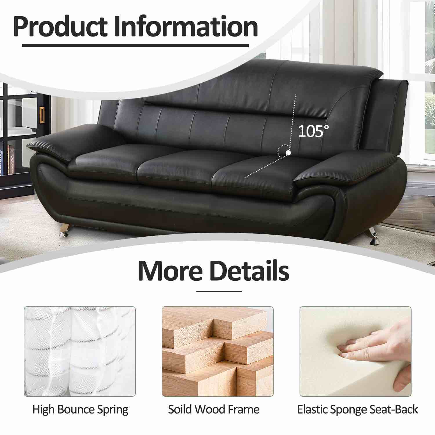 Condition photo showing New/Like New for Modern, Black, Three Seat Sofa 79 X 36 X 36