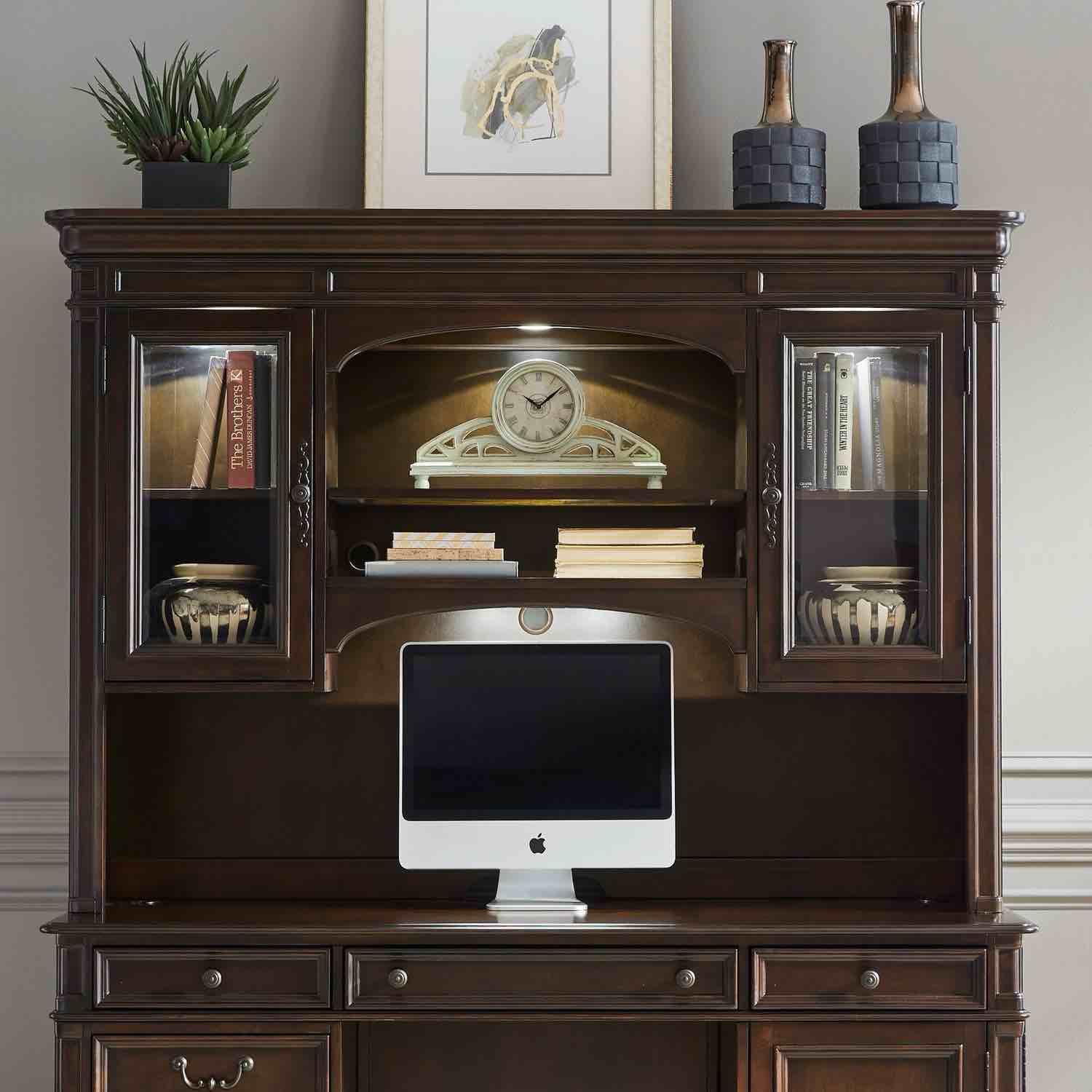 Jr Executive Credenza Hutch, Desk sold separately, buy and repair: left side of hutch is splitting (pictured), door closes need replaced, right glass panel is loose/needs secured W68 x D16 x H48