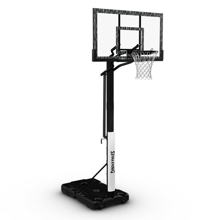 spalding 60-inch portable basketball hoop with acrylic backboard, screw jack lift & arena slam rim, small scuffs on backboard, one hardware bag incomplete (screws can be purchased at any hardware store)