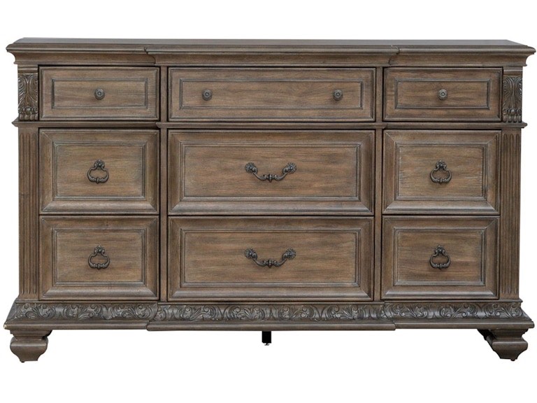 liberty furniture bedroom 9 drawer dresser (sku: 502-br31) - (good condition because of damage to the lower right front of base, pictured, and 2 scratches on the top, also pictured)