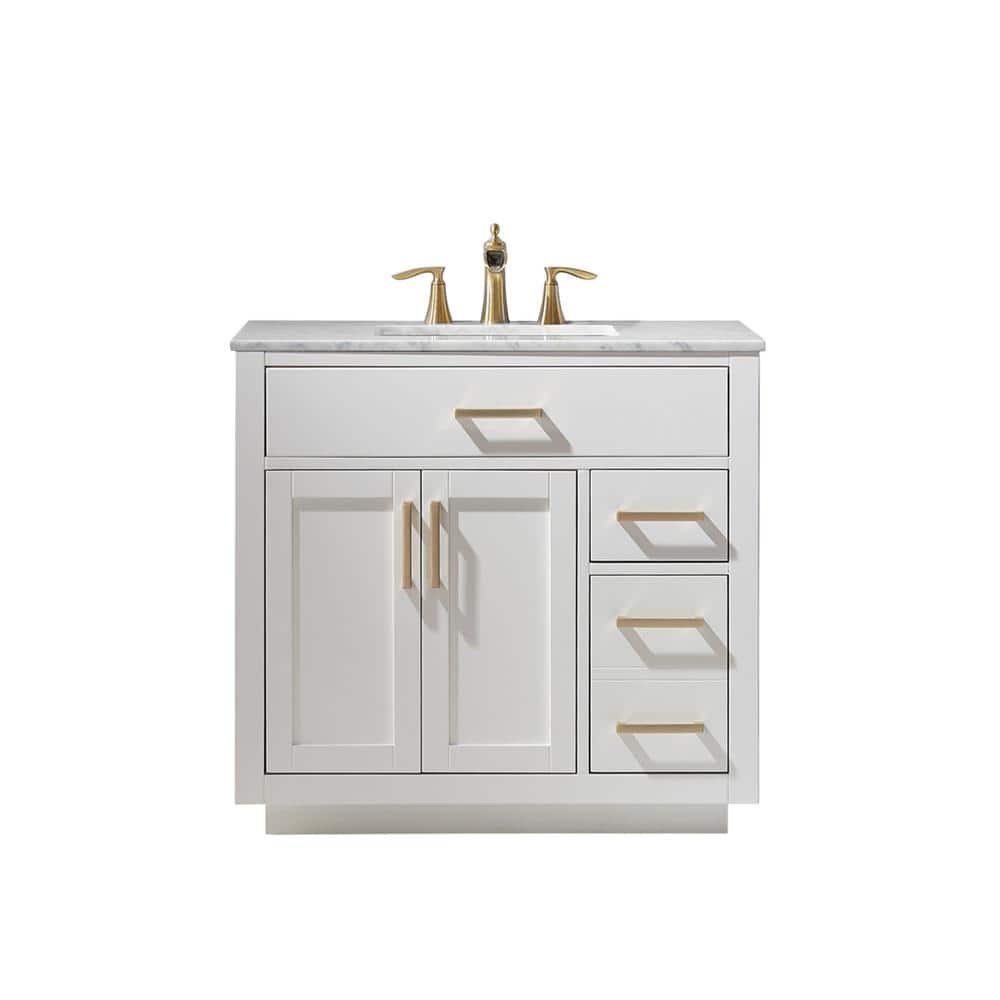 Ivy 36 in. Bath Vanity in White with Carrara Marble Vanity Top in White with White Basin by Altair - (Item is New/Like New, but it is noted that the backsplash and side splash each have a tiny chip on one corner that can be easily hidden when installing)