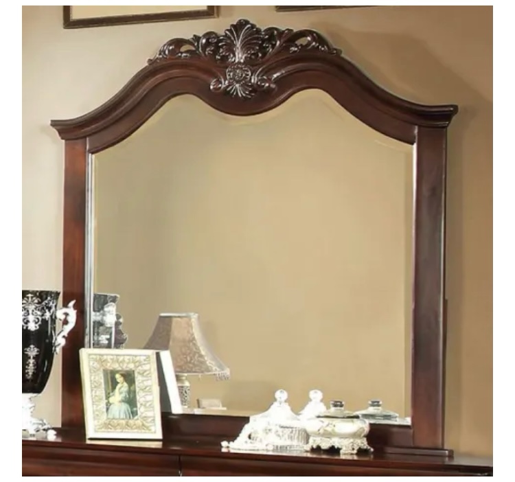 Mandura 3 Piece Low Post Queen Bed Headboard and footboard (no rails or side arms) and Matching Mirror in Cherry - CM7260 - (As is because bed frame is headboard and footboard only. Headboard also has some scratches) 