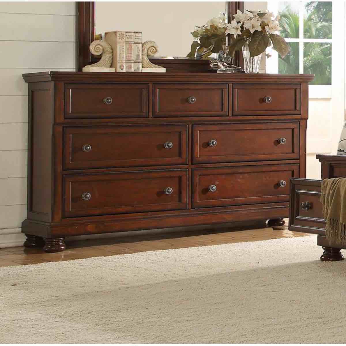 Eedie 3 Piece Bedroom Set featuring One Dresser and Two Nightstands. Each backboard has cracks, does not affect function (pictured), bottom drawers of dresser have scratches on edge (pictured) 