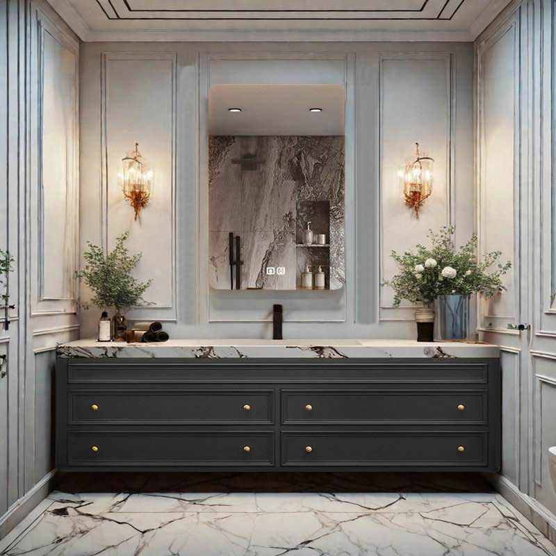 French modern rock plate bathroom cabinet and back-lit mirror (Wall)