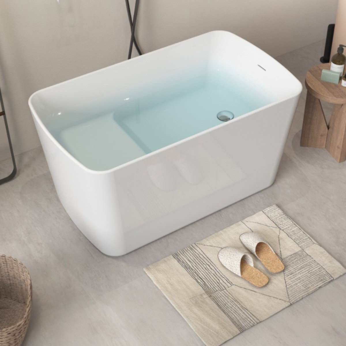 49"L X 28"W Freestanding Soaking Acrylic Small Bathtub With Seat For Small Space, bathtub is new but needs cleaned (small scuffs pictured)