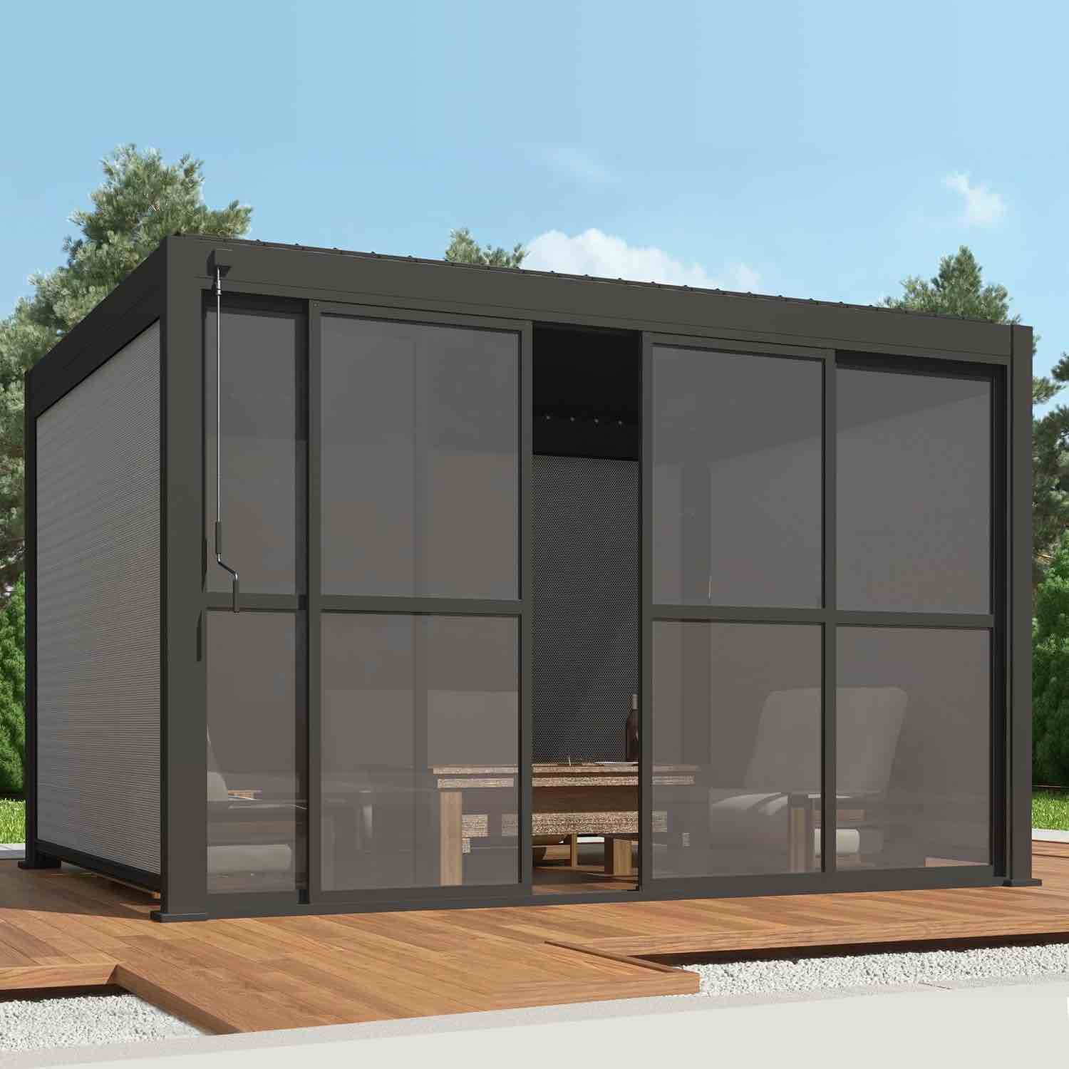 111 Outdoor PC Sliding Door Pergola Accessory (Contains rails and two doors only, pergola and panels available through Mirador) One door has 5 small cracks in glass