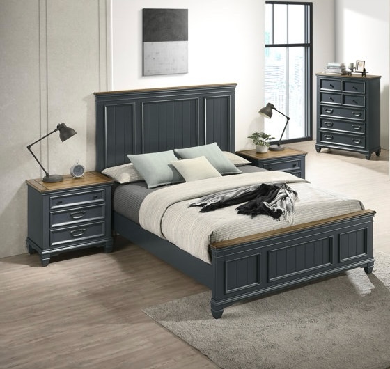 Semaj Wood Distressed Bedroom Set with Bed, Dresser, and Nightstands in Blue - (Good condition because 1 nightstand has a visible wood seam on the right side, pictured, and bed is missing side rails and some missing hardware. Footboard also has a center piece that is coming unattached and will need glued to repair)