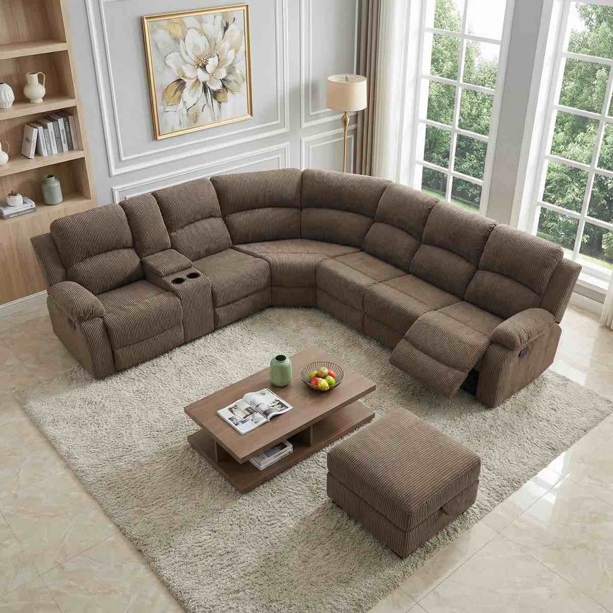 3 Piece Brown Corduroy Theatre Reclining Sofa (Row 20)