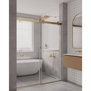 SP 44 - 48 in. W x 77 in. H Contemporary Frameless Double Sliding Shower Door w/ 3/8 in. Tempered Glass in Satin Gold. 