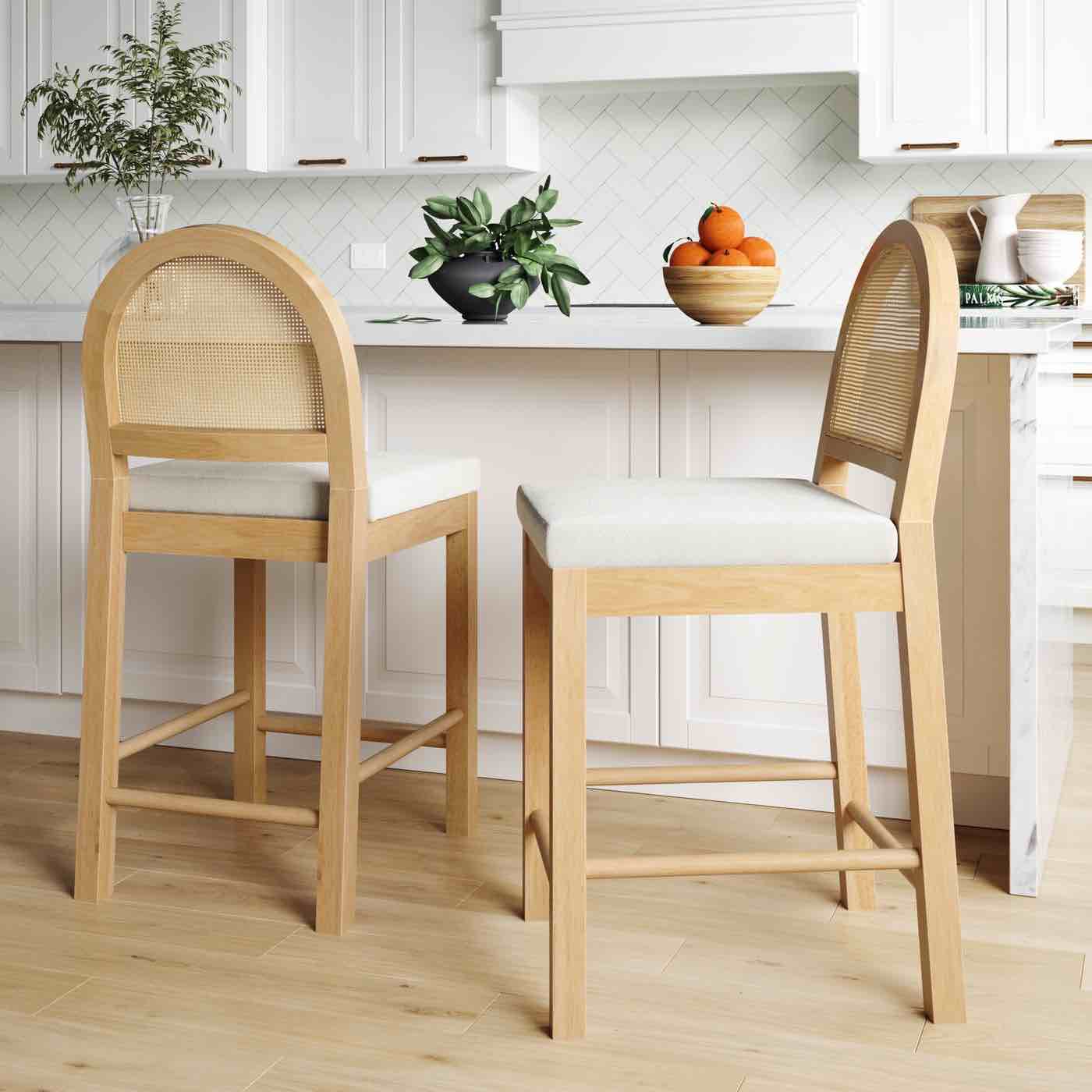 Cream Boucle & Rattan Counter Height Bailey Bar Stools In Warm Pine Solid Wood, 4 Barstools Total, 2 Boxes, Overall Dimensions 17”W x 38.8”H x 20.7”L