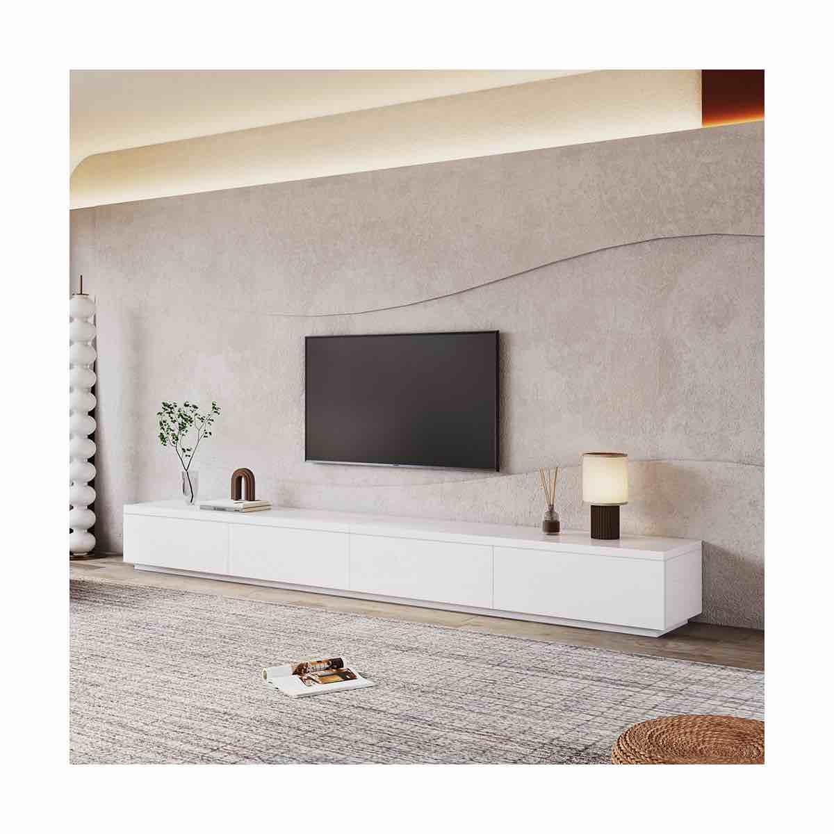 118” comerico modern wood tv stands, minimalist long white media console with 4 walnut finished drawers, 2 boxes total, right drawer on one of the pieces has a paint chipping above the drawer (pictured), same drawer hangs slightly on right side(pictured)