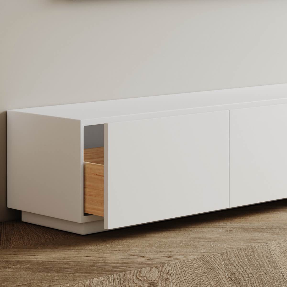 Condition photo showing Good Condition for 118” comerico modern wood tv stands, minimalist long white media console with 4 walnut finished drawers, 2 boxes total, right drawer on one of the pieces has a paint chipping above the drawer (pictured), same drawer hangs slightly on right side(pictured)