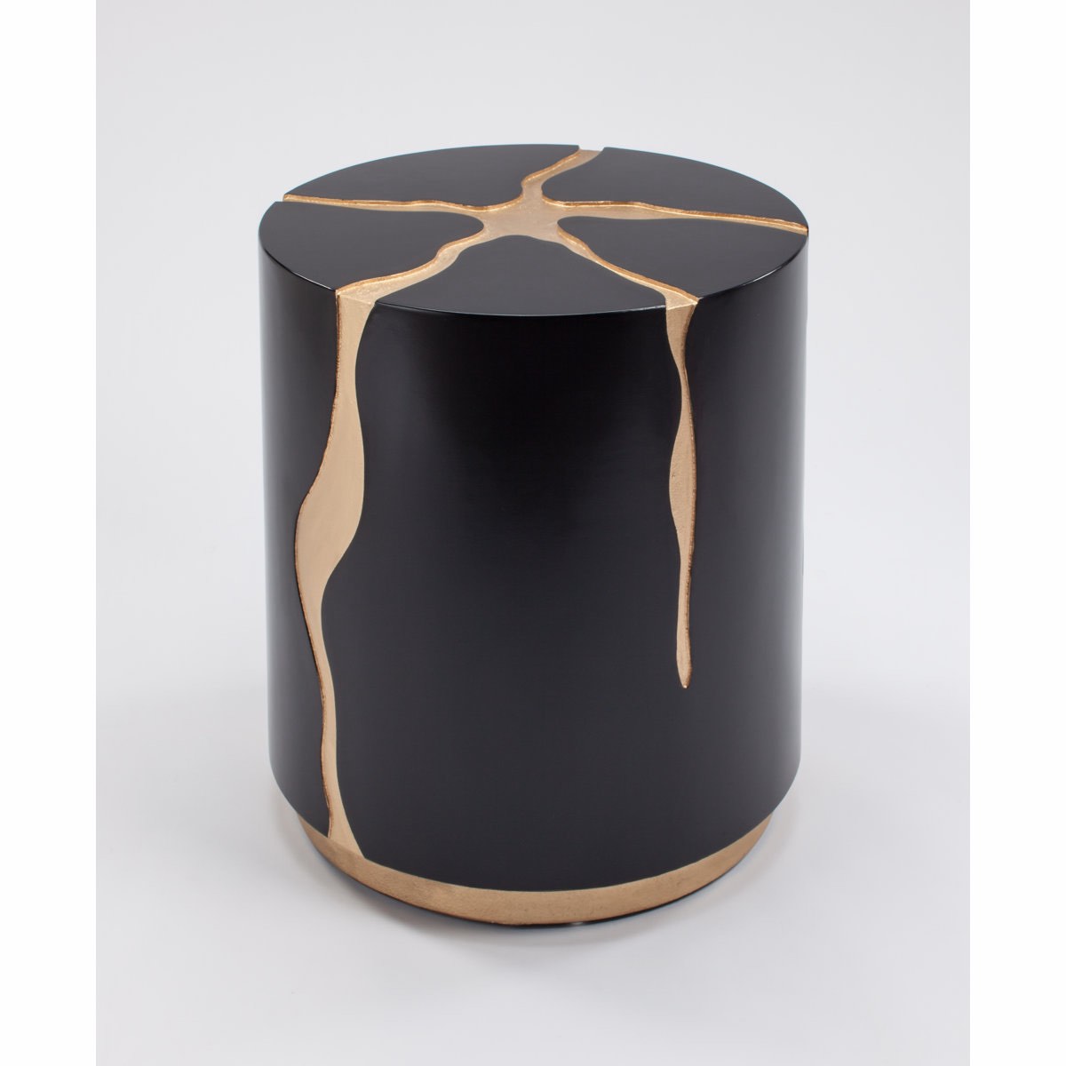 black and gold hand painted end table with a glass top, overall dimensions 25'' h x 22'' w x 22'' d