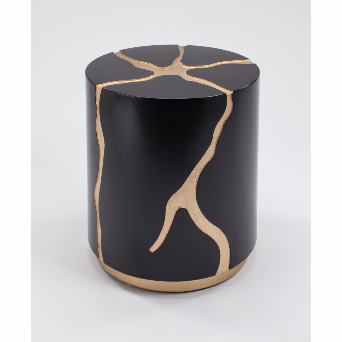 Condition photo showing New/Like New for black and gold hand painted end table with a glass top, overall dimensions 25'' h x 22'' w x 22'' d