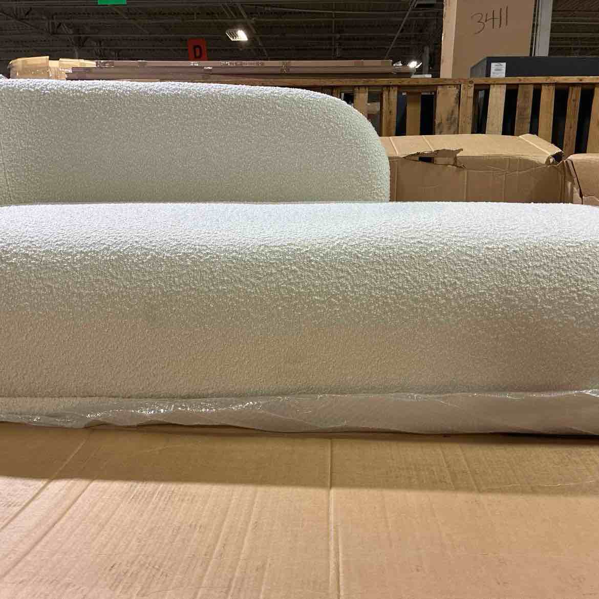 Condition photo showing New/Like New for jennifer taylor home aire ivory white boucle 75" raf modern rounded chaise lounge with curved back. 75"w x 29.5"d x 29.5"h