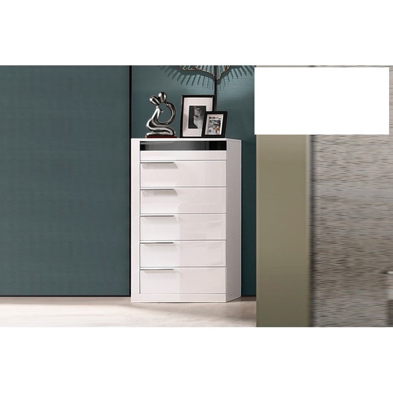 Condition photo showing New/Like New for mariano furniture bahamas white 6 drawer chest in white/black with left sided chrome handles. 26"l x 18"d x 44"h 