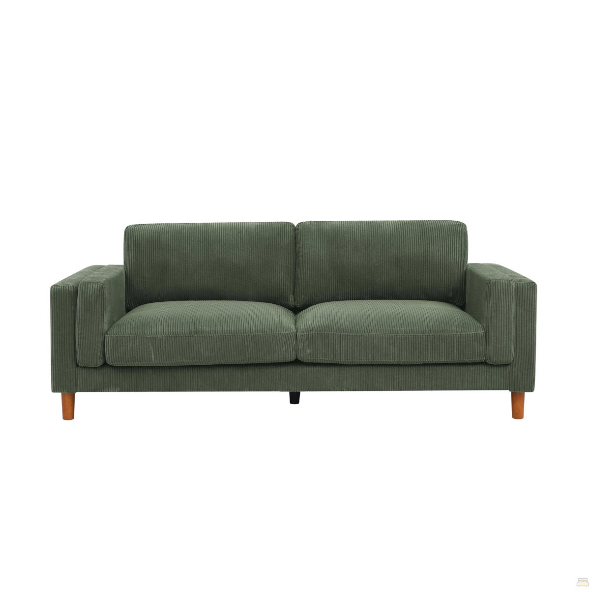 Condition photo showing New/Like New for soft green corduroy upholstered 2 seat square arm sofa with rich walnut wooden legs. 34'' h x 87'' w x 36'' d