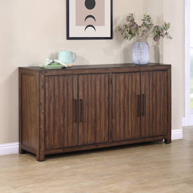 Steve Silver Rustic Dark Tobacco Brown Acacia 2 Door Sideboard with Wine Storage and Black Metal Handles and Multiple Interior Storage. Some damage to back right corners, some marks along top. Functions perfectly, front in beautiful condition. 71.25 x 19 x 38 in