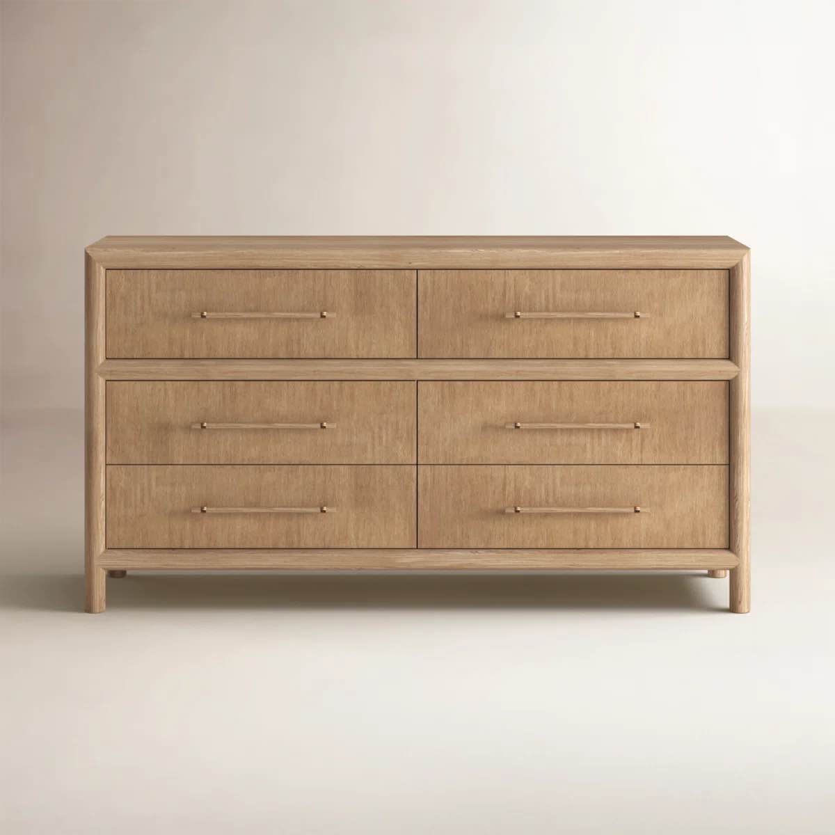 Colleen Natural Acacia 6 Drawer Dresser with Brass Tipped Wooden Handles. Right side legs need repaired and replaced, center place for stabilizer needs repatched. Drawers are in beautiful condition. 36'' H X 66'' W X 19'' D