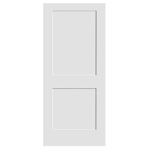 #8402 Trimlite Prehung Primed White MDF 30” x 80” 1 3/8? 2 Panel Shaker Door. Trim needs repair, handle sold separately. Door has chipping on bottom otherwise quality door. 