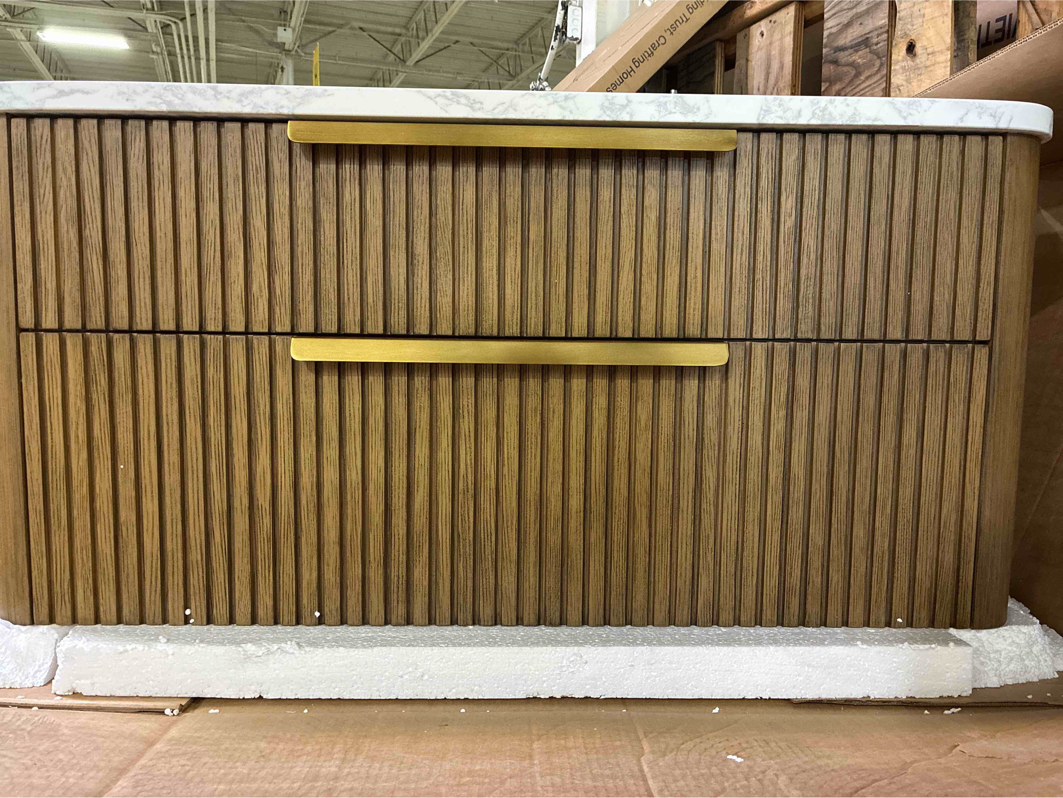 Condition photo showing New/Like New for warren 42 in. floating single bathroom sink vanity in aged oak with 2 drawers, gold brushed handles, and stone top in arabescato white. product width (in) 42 product depth (in) 20 product height (in) 20