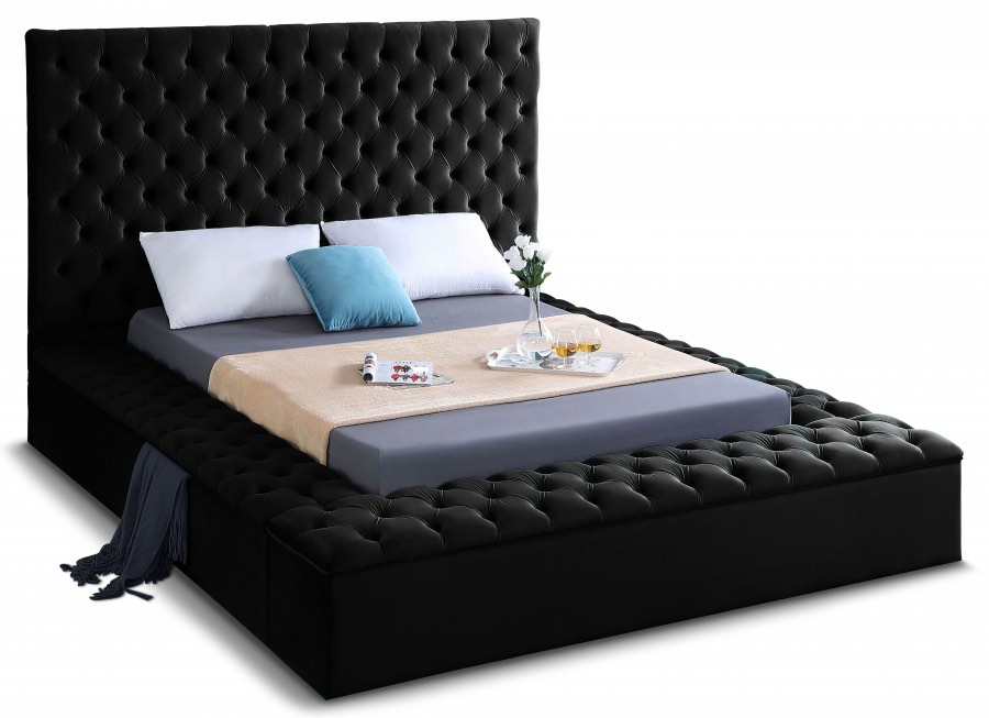 Meridian Furniture King Size Bliss Collection Black Velvet Tufted Bed with and Storage Footboard. Slats sold separately can be purchased through Amazon and other retailers, headboard is from Wow, same style same manufacturer can be used with Meridian components. 