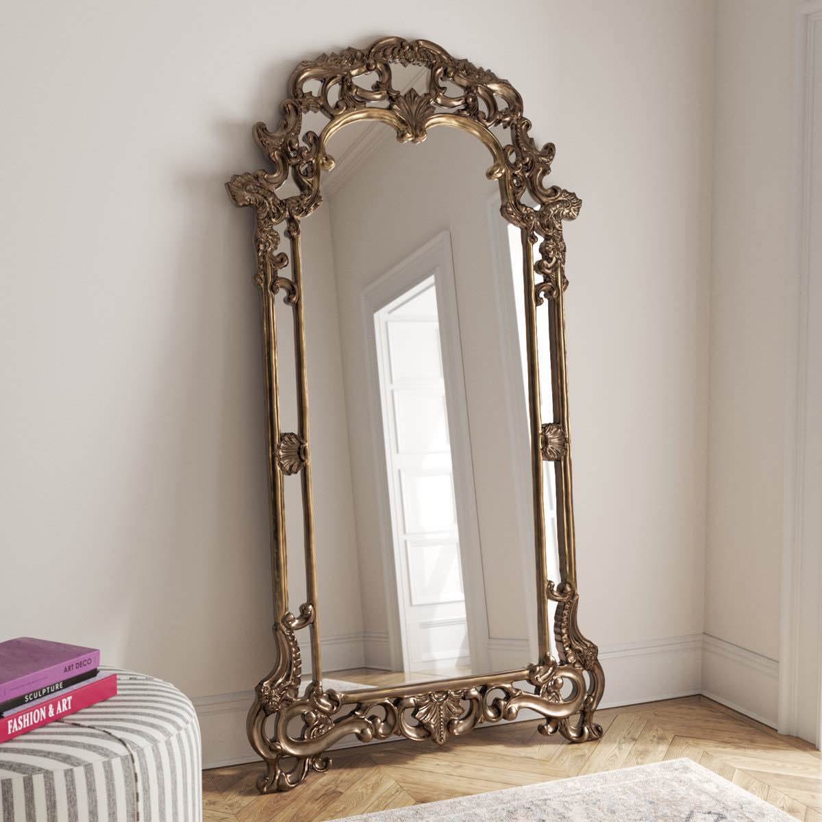 Anika Classic Resin Bronze Full Length Mirror, Arched Polyurethane Frame, Reflective Glass Panel Around Frame, Can Be Mounted Or Used As Floor Mirror, Overall Dimensions 83.5'' H X 44.5'' W X 2'' D, 