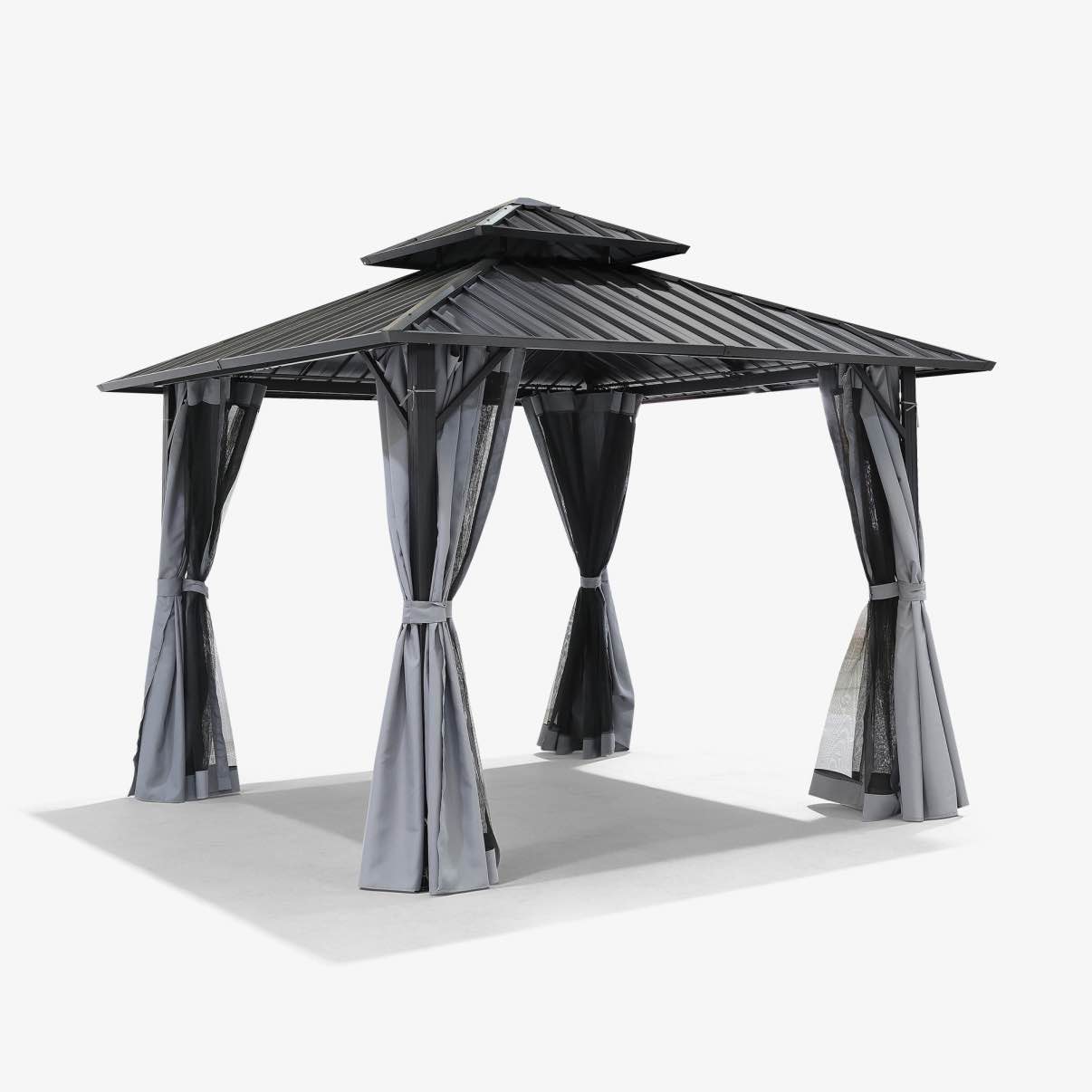 black and dark grey 10' x 10' outdoor patio hardtop gazebo with netting and curtains, double layer steel roof design, waterproof, uv-resistant, rust resistant aluminum frame with sloped roofing for drainage, ceiling hook. 2 boxes total