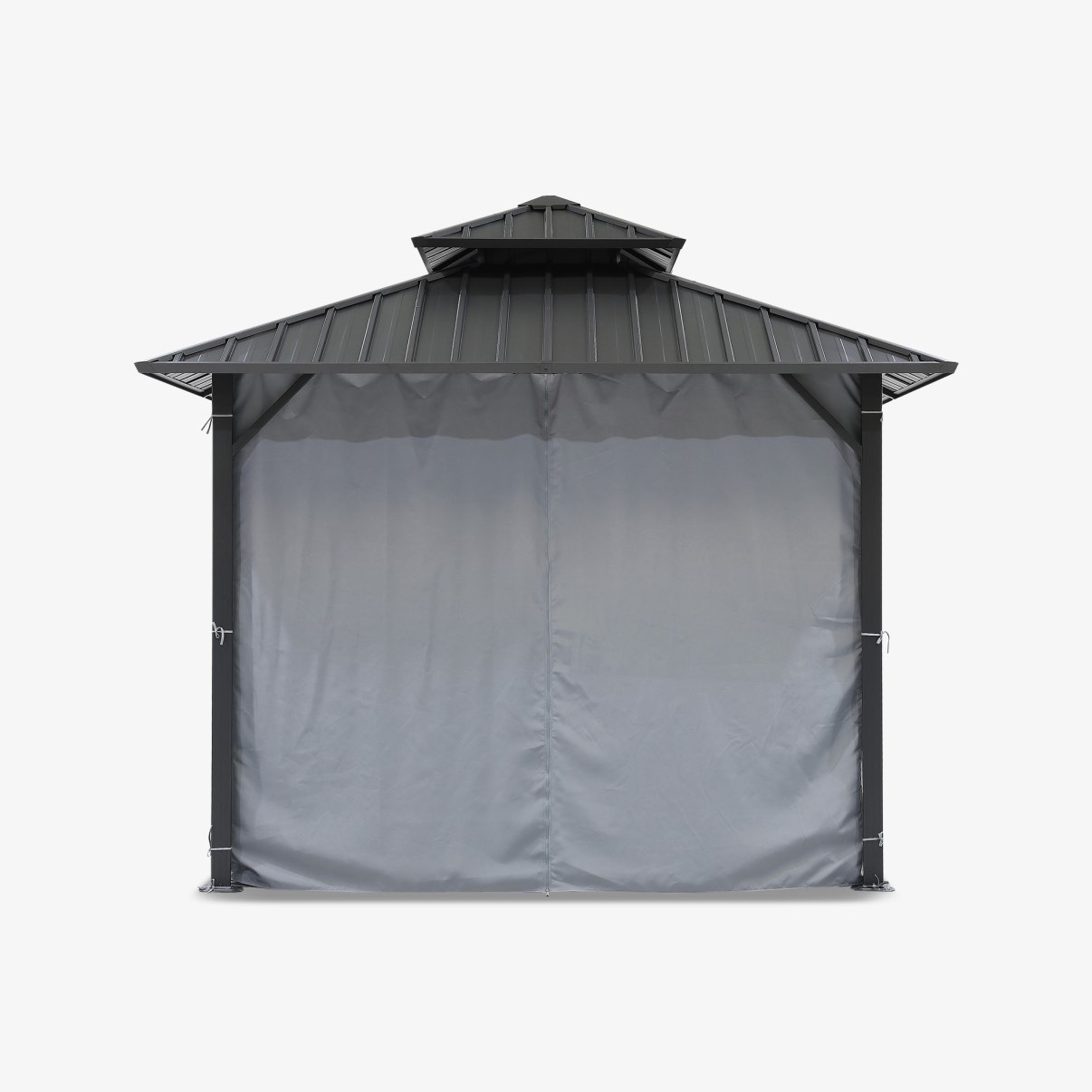 Condition photo showing New/Like New for black and dark grey 10' x 10' outdoor patio hardtop gazebo with netting and curtains, double layer steel roof design, waterproof, uv-resistant, rust resistant aluminum frame with sloped roofing for drainage, ceiling hook. 2 boxes total