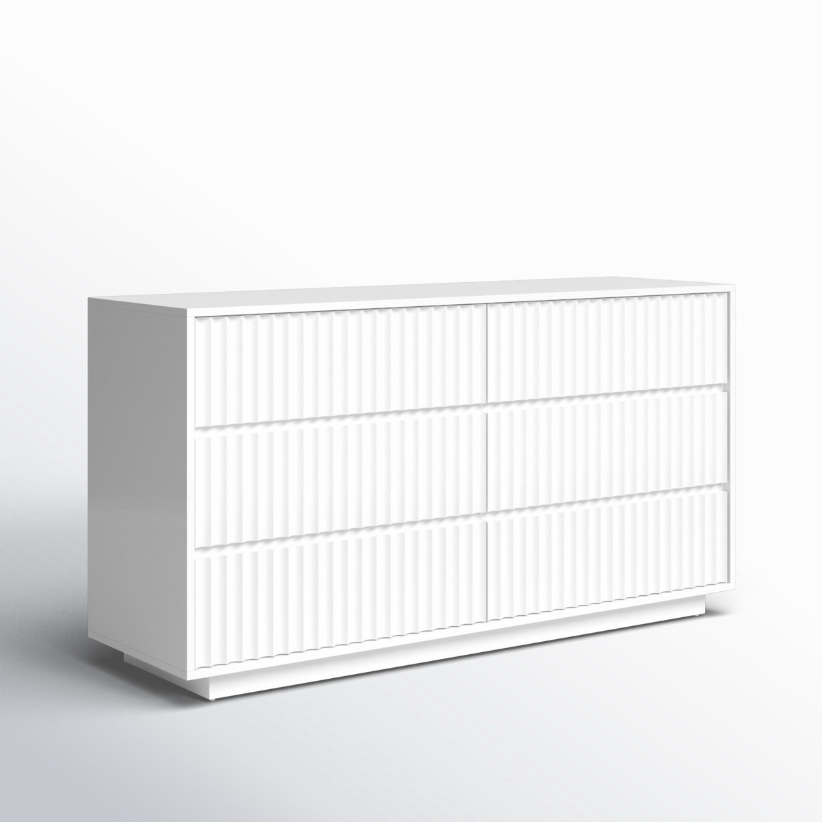 Condition photo showing Good Condition for white paloma 60'' w 6-drawer dresser with scalloped panel fronts, drawers support up to 25 lbs, overall dimensions 32'' h x 60'' w x 18'' d, half inch paint crack on top (pictured), small paint scratchings on front left bottom drawer,manufacturer glue stain on top(pictured), 