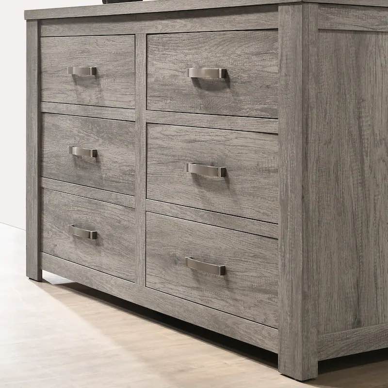 Condition photo showing New/Like New for floren contemporary weathered gray wood 6-drawer dresser, drawer front handles finished in brushed nickel, overall dimensions 59.06"w x 16.65"d x 37.13"h, middle left drawer has small knick in bottom(pictured) otherwise brand new