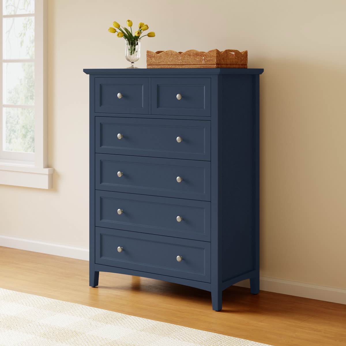 Condition photo showing New/Like New for renee 40'' w blueberry 5 - drawer tall dresser chest with nickel knobs. 54 h x 40 w x 19 d