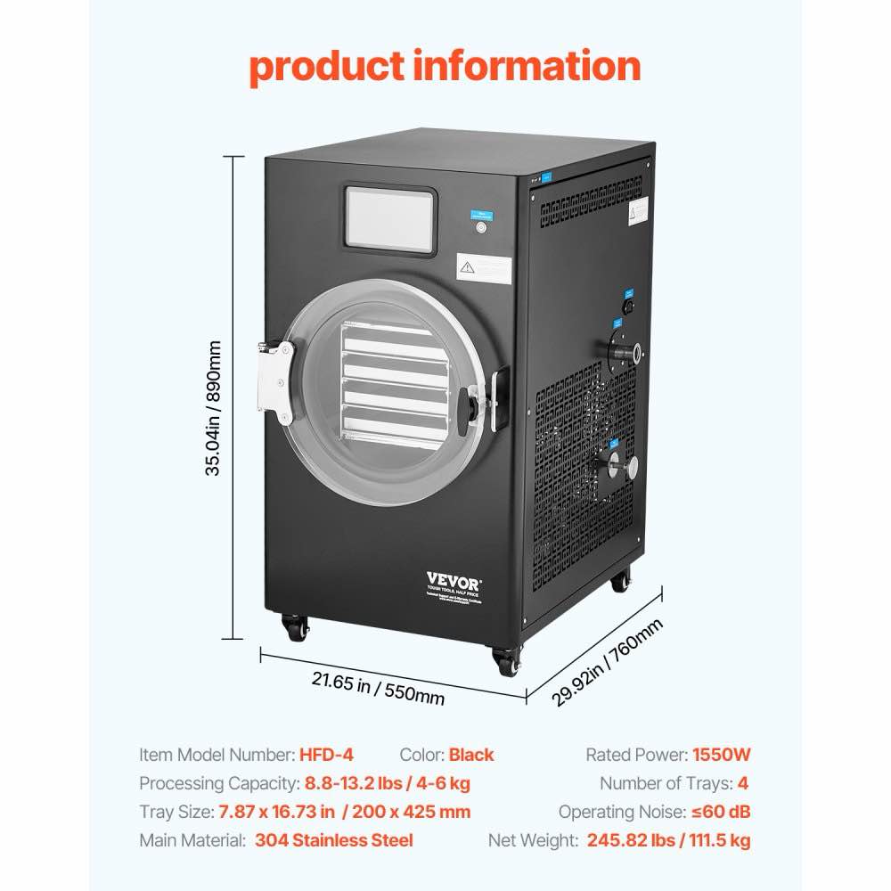 Condition photo showing As Is for vacuum freeze dryer machine, 8.8-13.2 lbs/batch food freeze drying machine with 4-layer trays, vacuum pump, adjustable timer and temperature control, for fruits vegetables meat, black, could be missing parts, as is! 