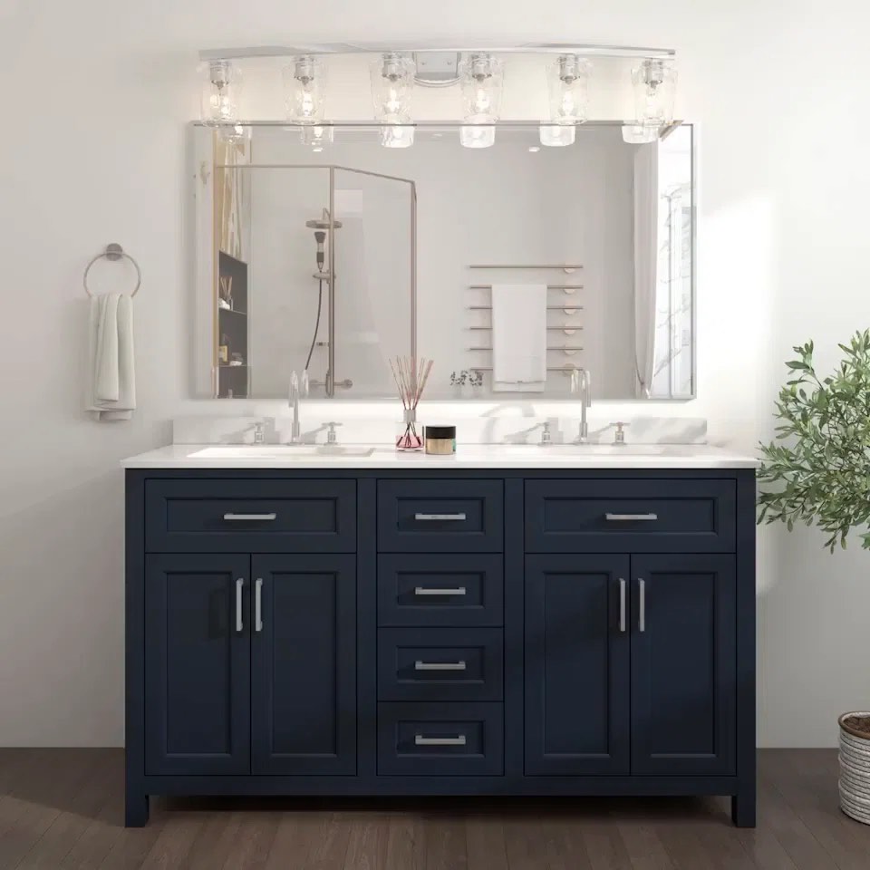 Acroma 60'' Navy Blue Double Bathroom Vanity Set with 5 Drawers, 2 Single Shelf Cabinets, and Beige Qaurtz Sink Top. Several hairline cracks along sink top ends, superficial cracks along back of vanity. Sink top can be coated and sealed.  37.49'' H X 60'' W X 19'' D
