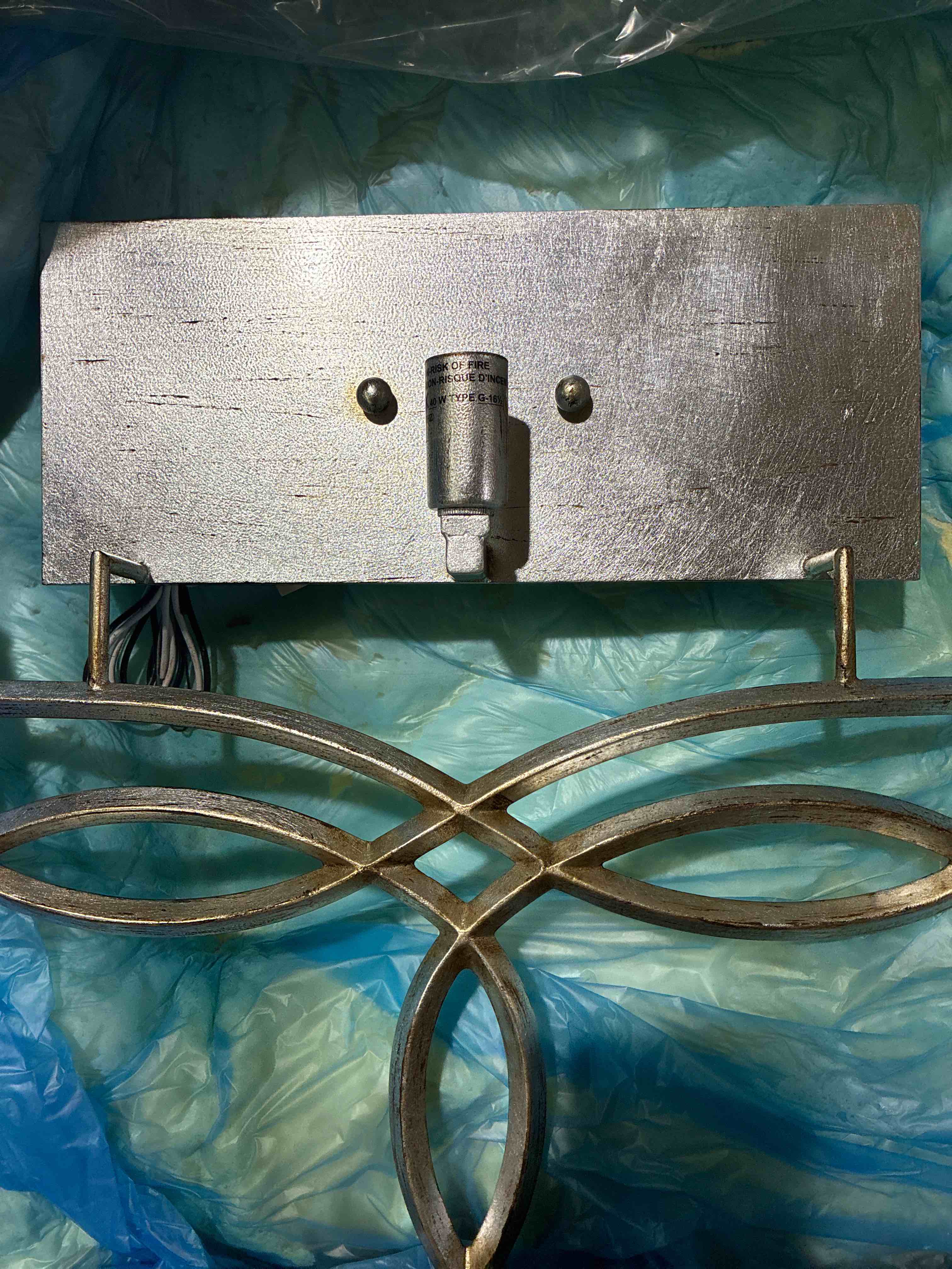 Condition photo showing New/Like New for five rivers 1 light metal silver leaf brown textured allegretto 15" light wall sconce with silver rimmed white linen lamp shade. : 18 x 6 x 4