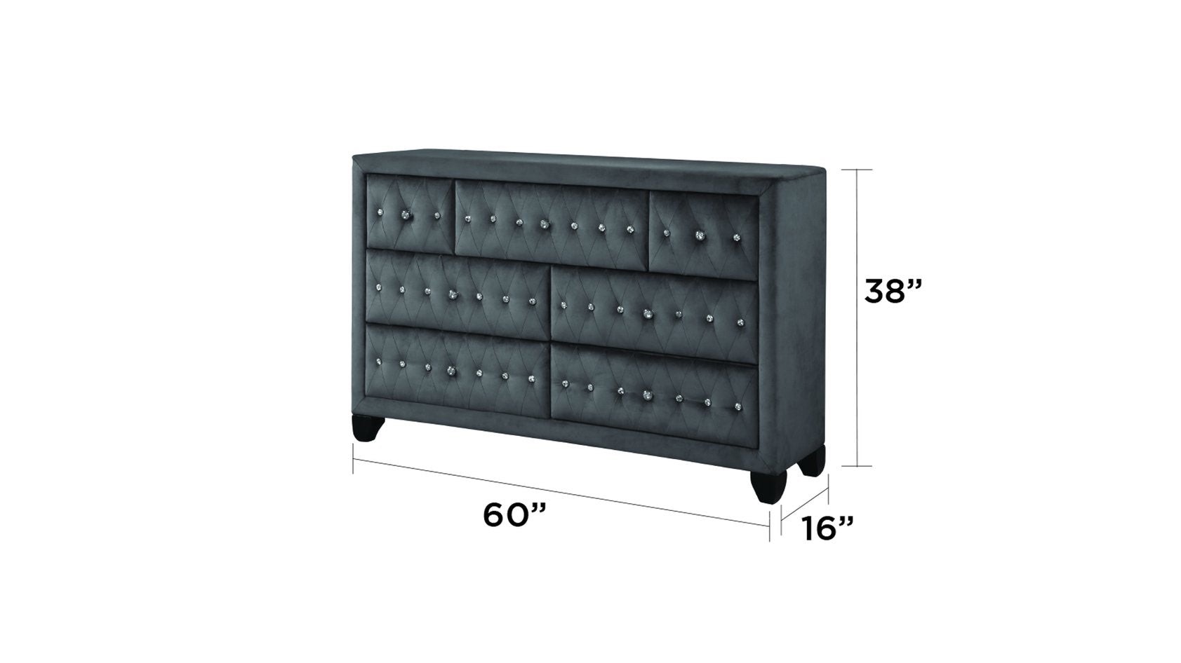 Condition photo showing New/Like New for sophia velvet gray 7-drawer crystal tufted dresser with crystal knobs. 16"d x 60"w x 38"h