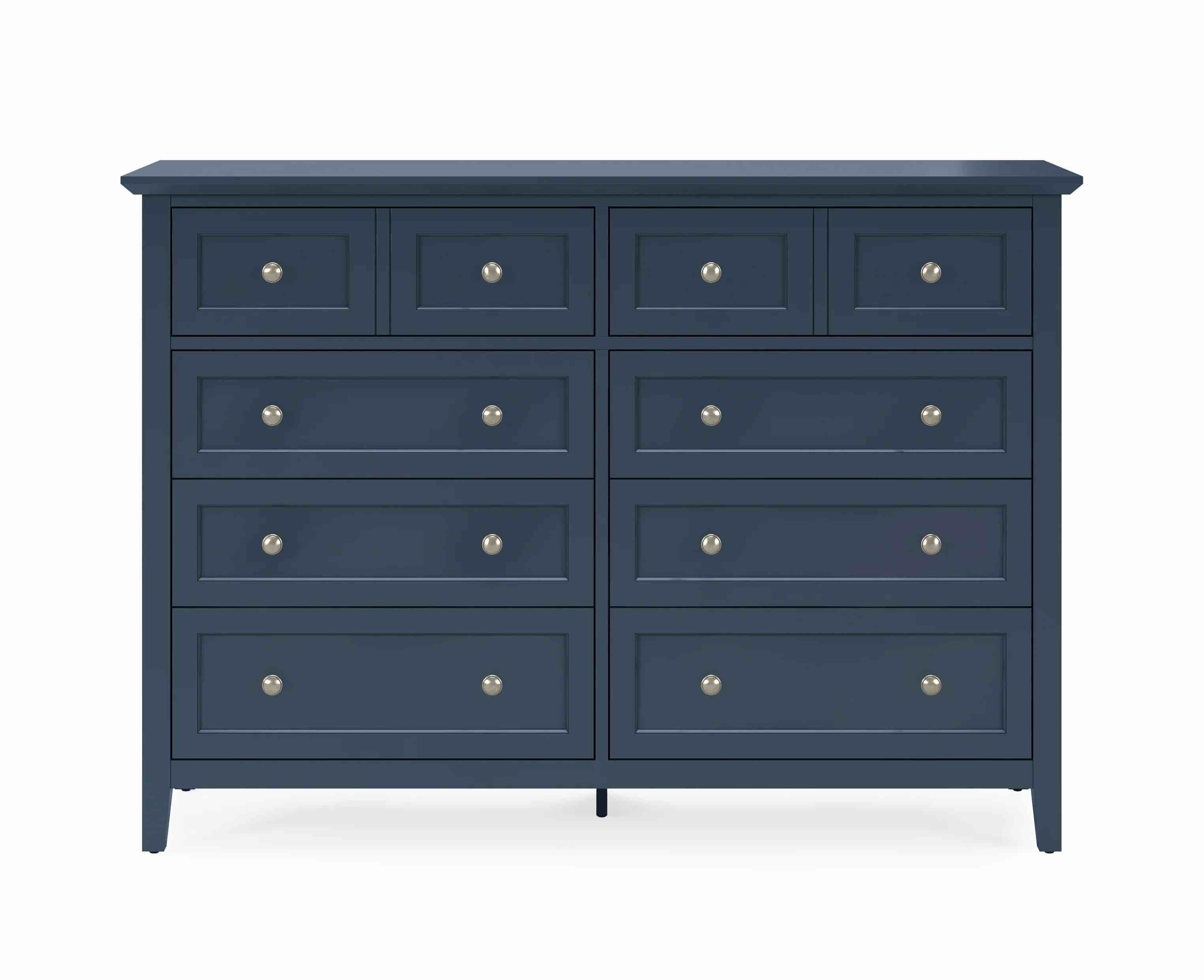 Grace Blueberry Painted Mahogany Eight Drawer Dresser with Polished Nickel Knobs. Minor scuffing along left and right back side, otherwise brand new. 42Hx60Wx19D 