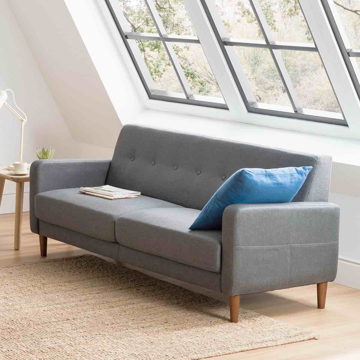 Condition photo showing New/Like New for adair 73'' blue grey blend linen fabric button tufted 2 seat upholstered sofa with rich eucalyptus wooden legs. minor scratches along legs, is considered brand new. 30'' h x 73'' w x 29'' d