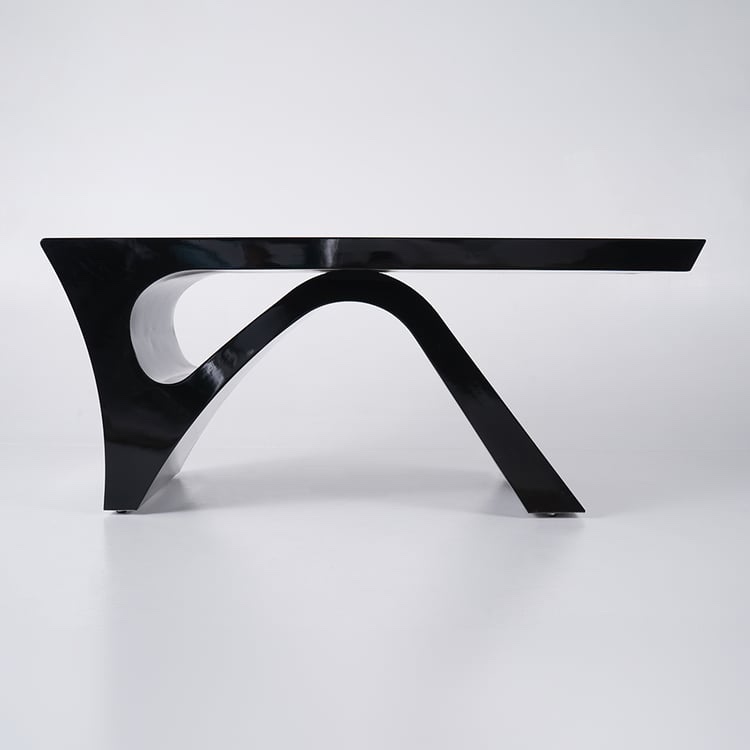 Mix and Match Custom White Marble Sintered Stone Console Table Top with 2 Black Drawers, Gold Handles, and Modern Abstract Metal Table Base. Table top from wrought studio, metal base from Homary. Hardware sold separately. Small dent in base, small scuffs along rim of table top, otherwise beautiful condition.